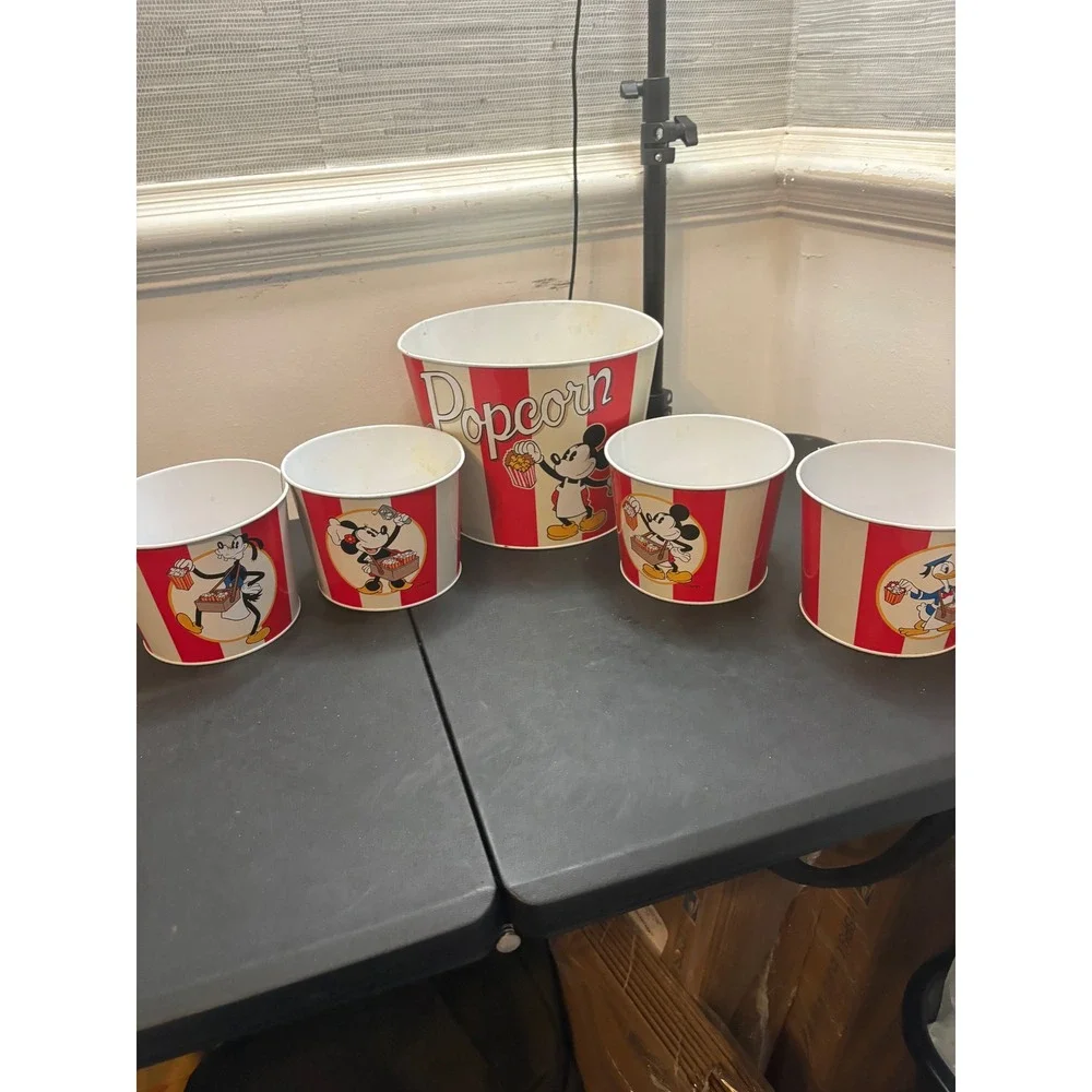 Disney Mickey Mouse and Friends Popcorn Bucket Set 5pc Metal Tins RedWhiteStripe - Picture 1 of 4